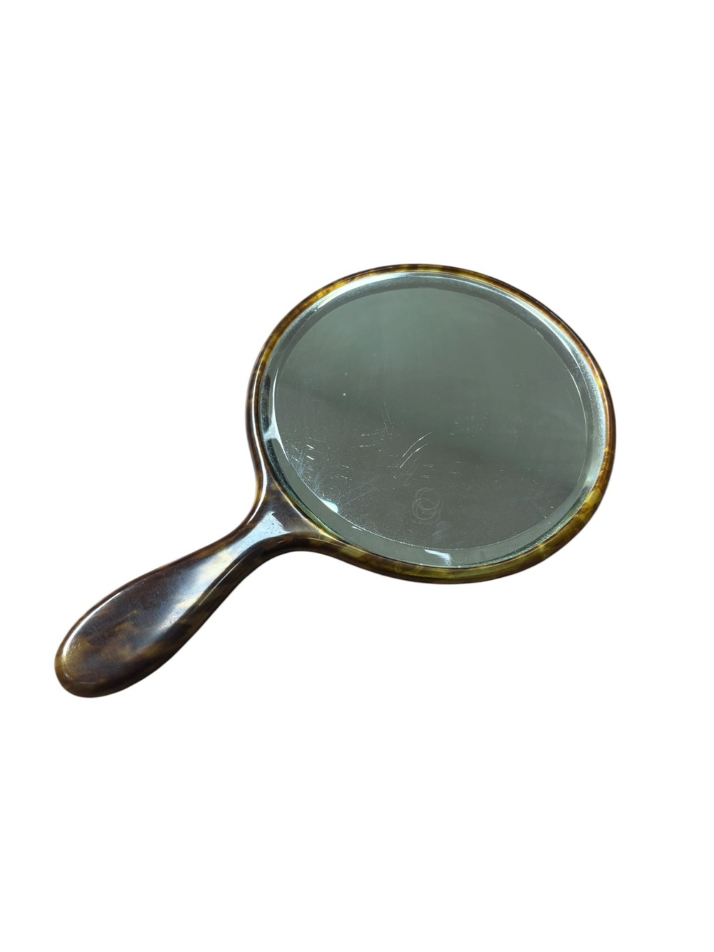 Vintage 40s 50s Handheld Round Beveled Mirror Faux Tortoiseshell
